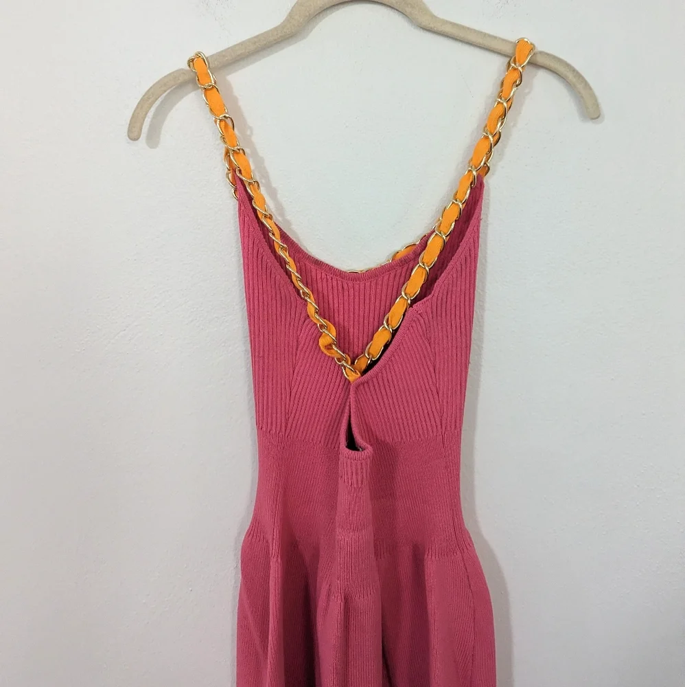 Zara Ribbed Knit Skater Dress Contrast Gold Chain Cross Back Mini Pink Medium M